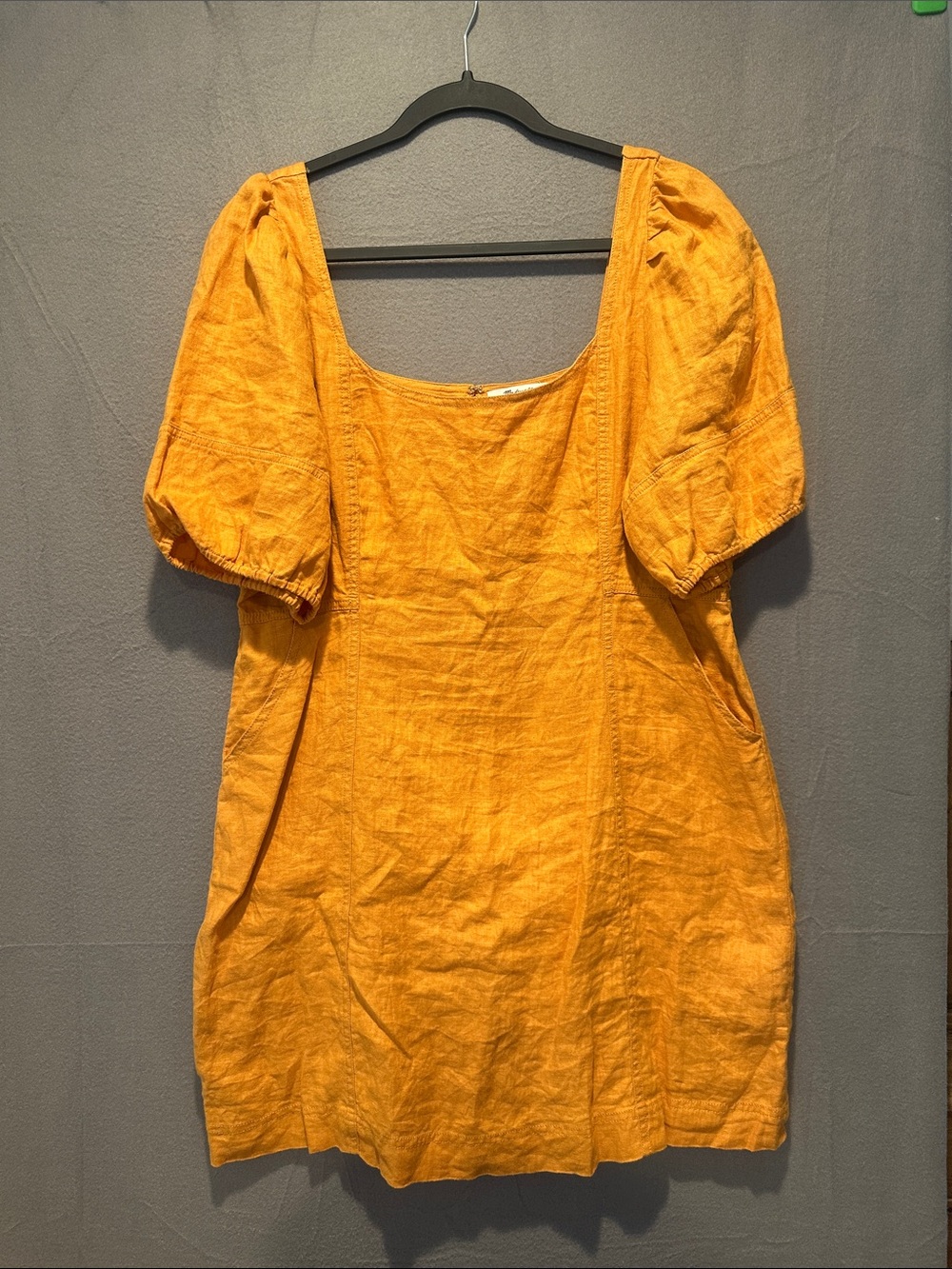Golden Yellow Linen Puff Sleeve Tunic Dress